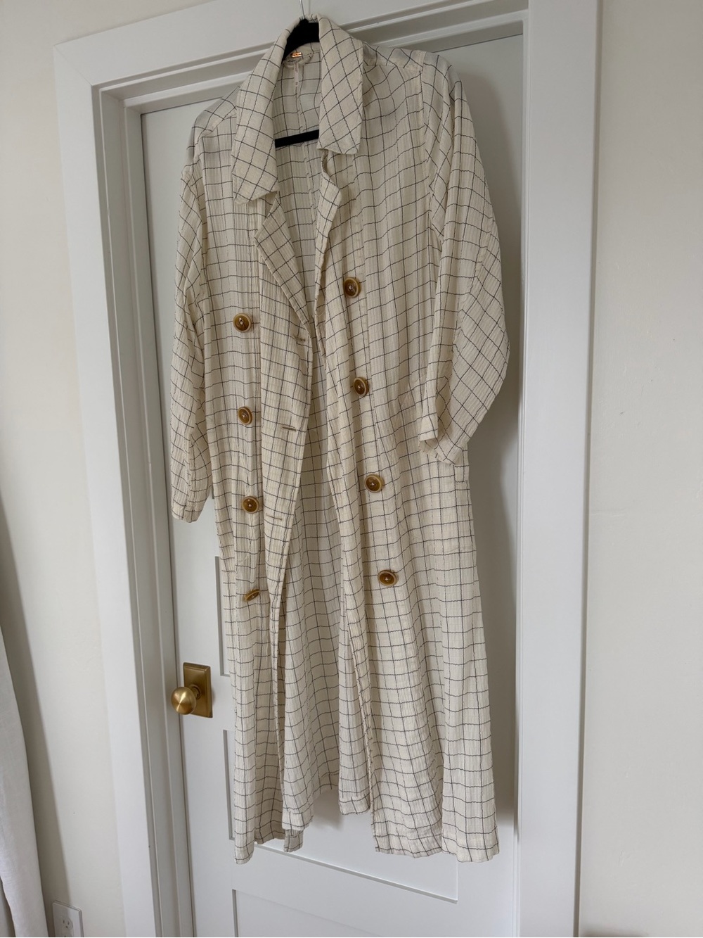 Free People Cream Windowpane Trench with Brown Buttons - Picture 3 of 6